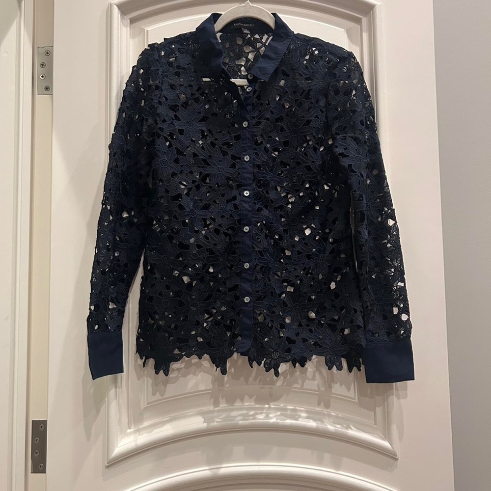 Banana Republic Navy Floral Lace Button-Front Jacket